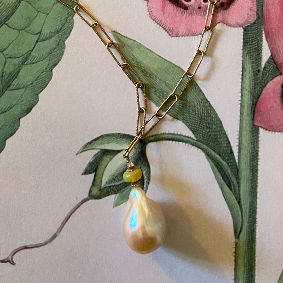 Pound Jewelry - Beautiful Baroque Pearl + Opal Pendant Gold-Filled Necklace